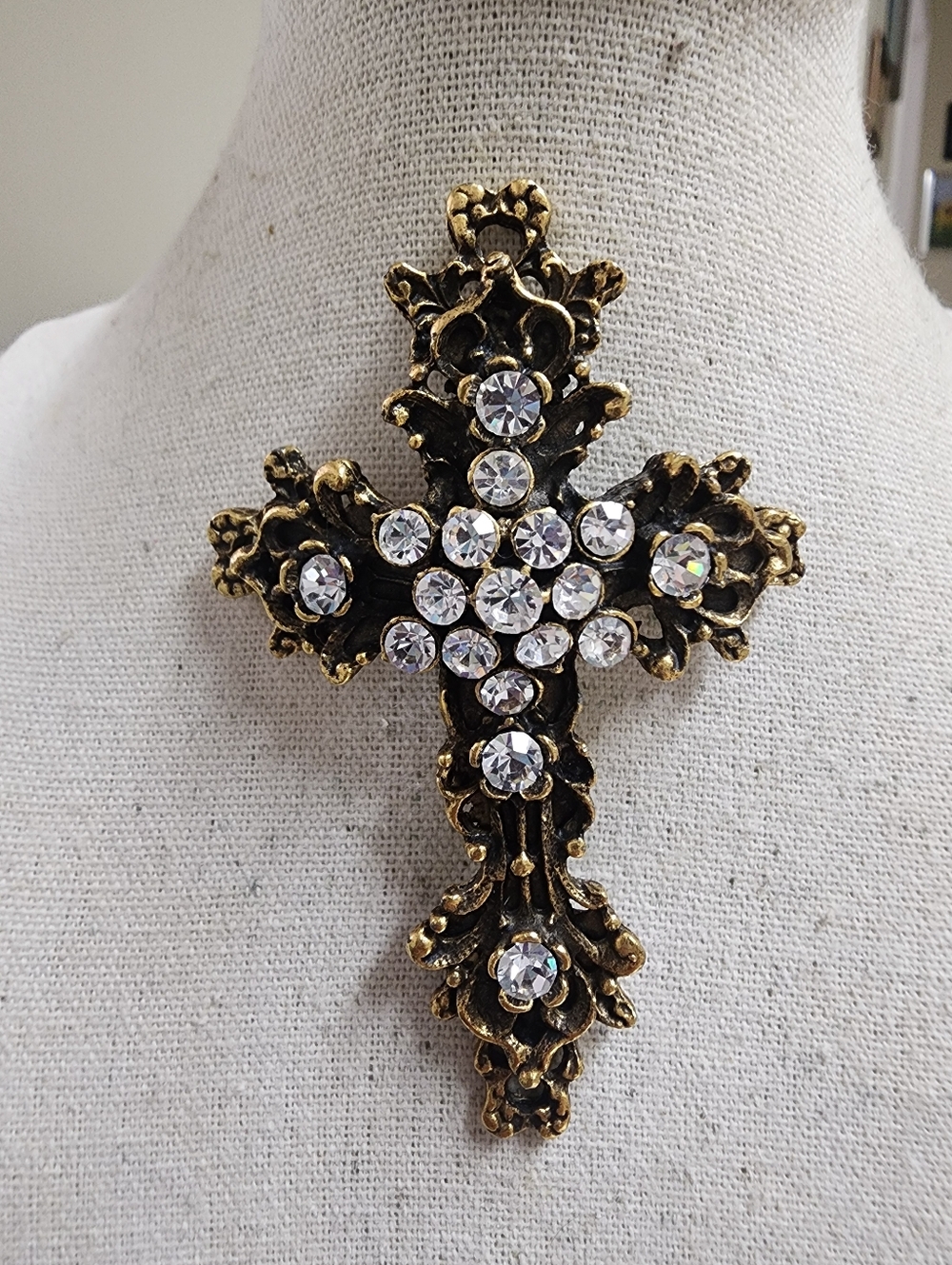 Vintage Goldtone Crystal Cross Statement  Brooch